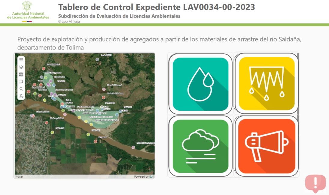 Imagen del tablero de control de Proyecto de explotación y producción de agregados a partir de los materiales de arrastre del río Saldaña, departamento de Tolima